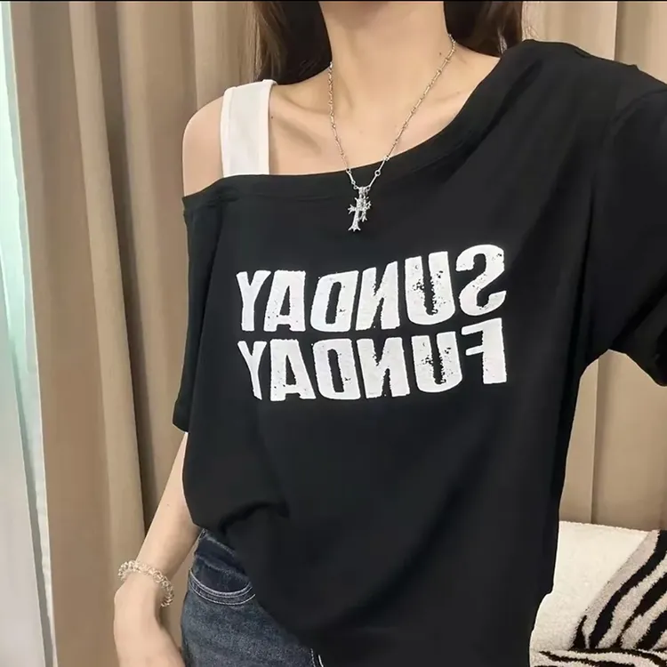 2025夏季新款微胖MM大码休闲慵懒短袖上衣女斜肩撞色韩版