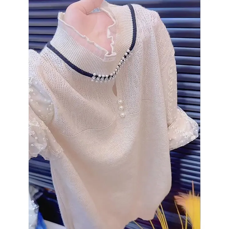 法式简约2025秋季蕾丝拼接针织衫大码胖MM长袖温柔新款高级上衣女