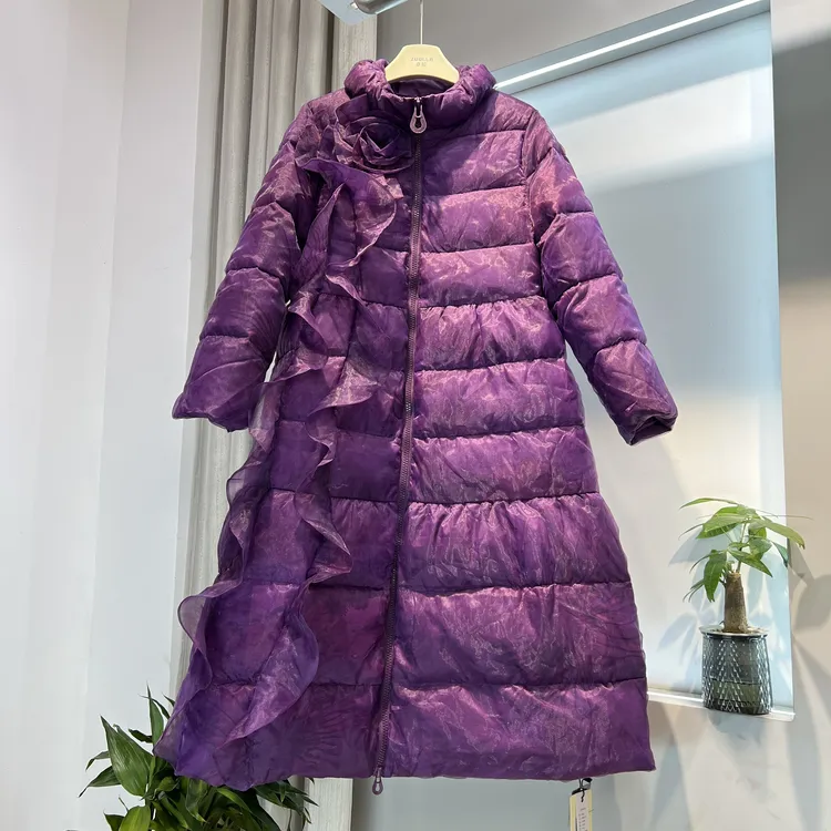 卓拉2025时尚欧根纱90白鸭绒长款妈妈羽绒服