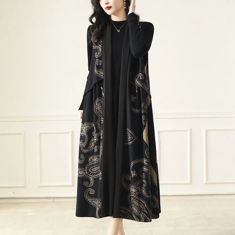 大码复古印花长款马甲外套秋冬新款气质显瘦宽松外搭女