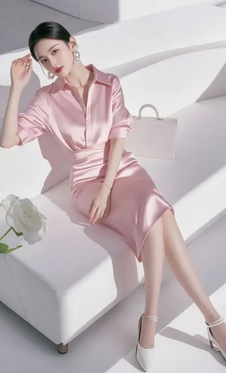 SS657春装新款法式高级感大方得体独特漂亮多巴胺粉色缎面连衣裙