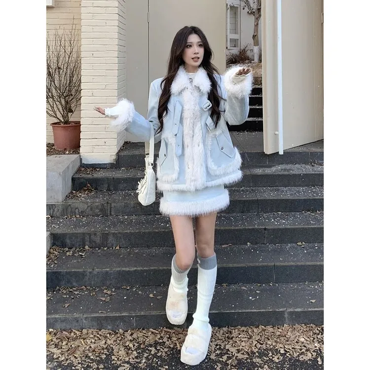 冰雪雾屿 毛毛外套冬季半裙两件套装韩剧氛围感千金半裙显瘦套装