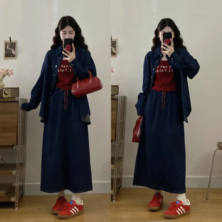 大码秋季穿搭女装显瘦牛仔外套半身裙吊带内搭三件套装
