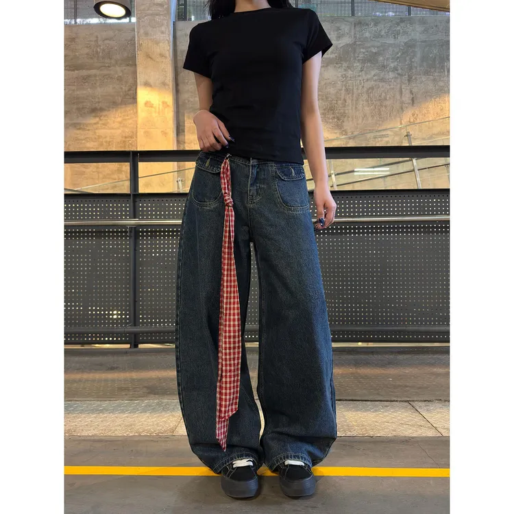 Musini美式复古水洗弯刀牛仔裤男女同款高街宽松显瘦阔腿休闲长裤