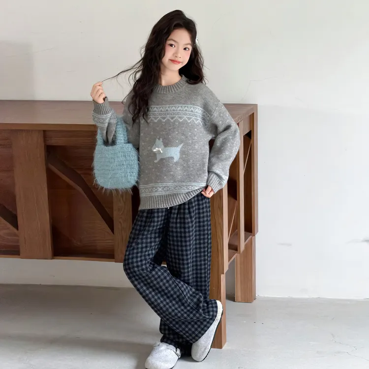 女童秋冬加厚毛衣套装2025新款洋气女孩冬针织衫加绒格子裤两件套