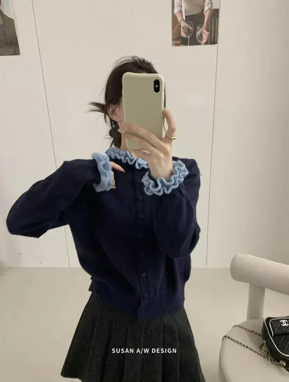 时尚气质长袖上衣2025秋冬装法式木耳边撞色宽松减龄针织衫#2544