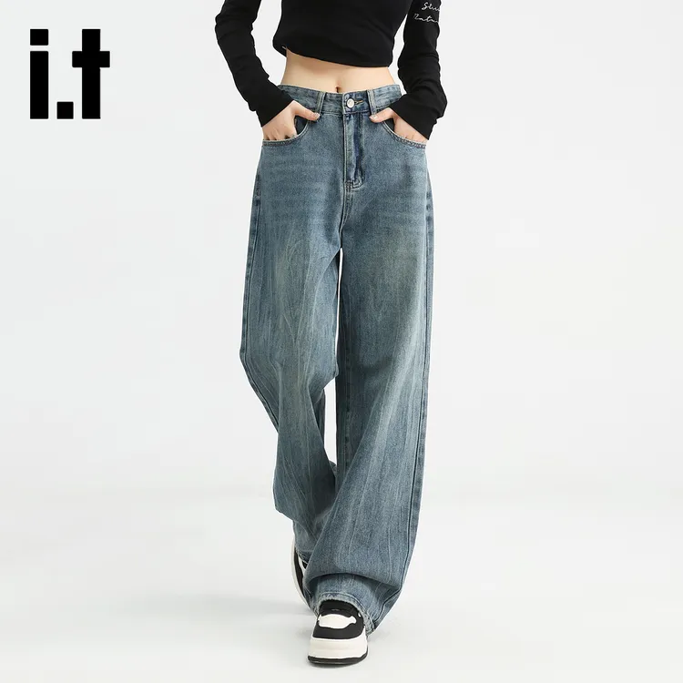 i.t izzue美式复古水洗cleanfit牛仔裤女直筒阔腿休闲长裤1M