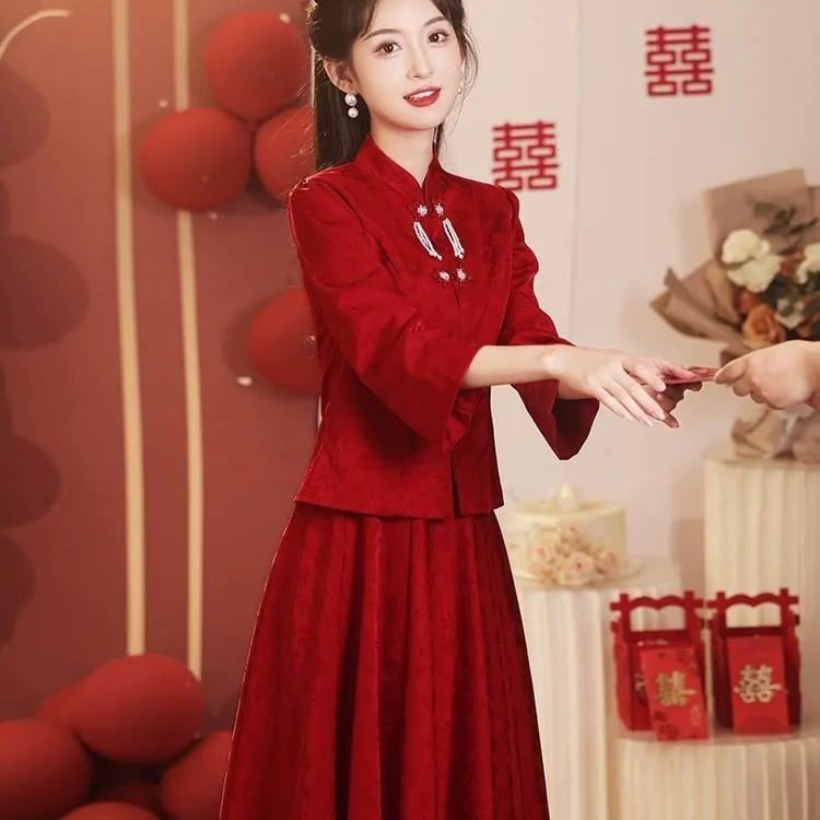 Vintage新中式敬酒服新娘2025新款短袖长袖长款复古国风订婚旗袍