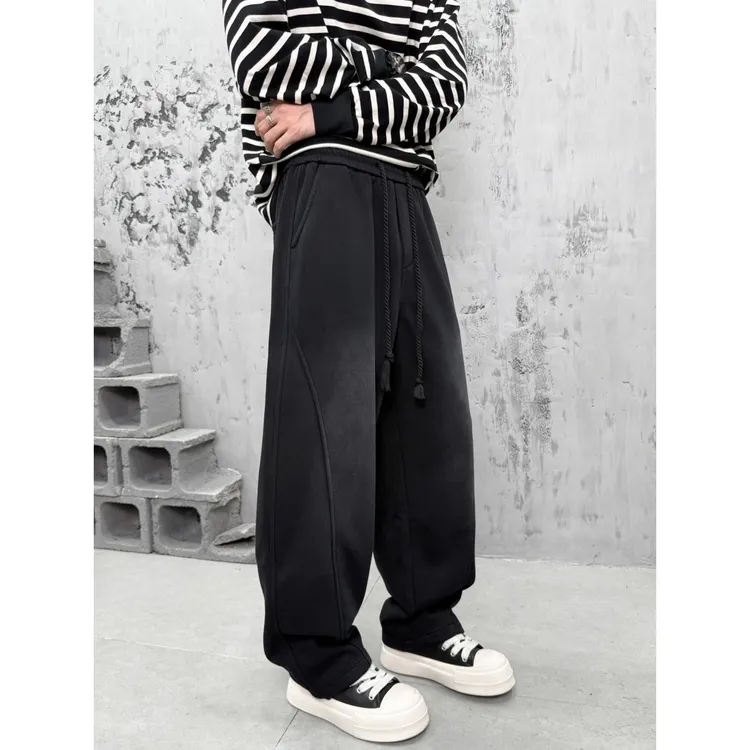 重磅针织棉加绒卫裤男时尚宽松做旧潮男阔腿裤冬季加厚弯刀直筒裤