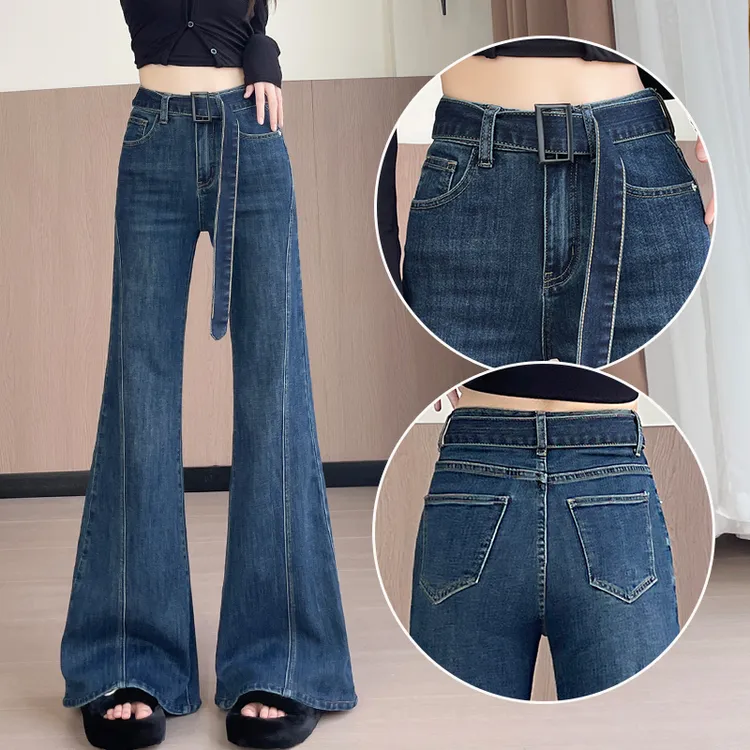 蜜蜜穿搭复古微喇牛仔裤女士2025冬季加绒加厚宽松弹力喇叭裤子