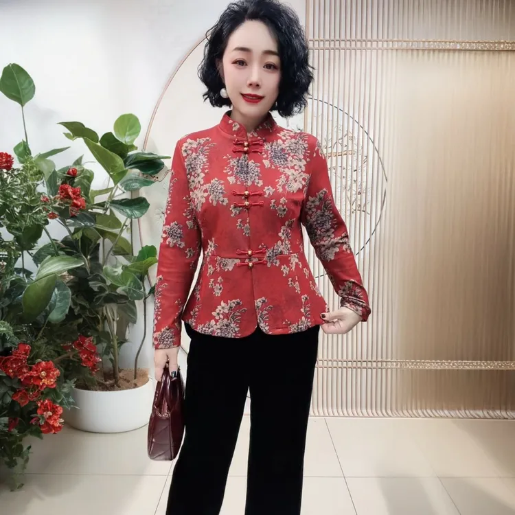 高贵中年妈妈开衫冬季加绒保暖立领唐装外套时尚洋气上衣打底小衫