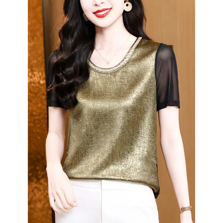 气质圆领钉珠显瘦打底衫女士洋气时尚短袖上衣百搭减龄妈妈小衫41