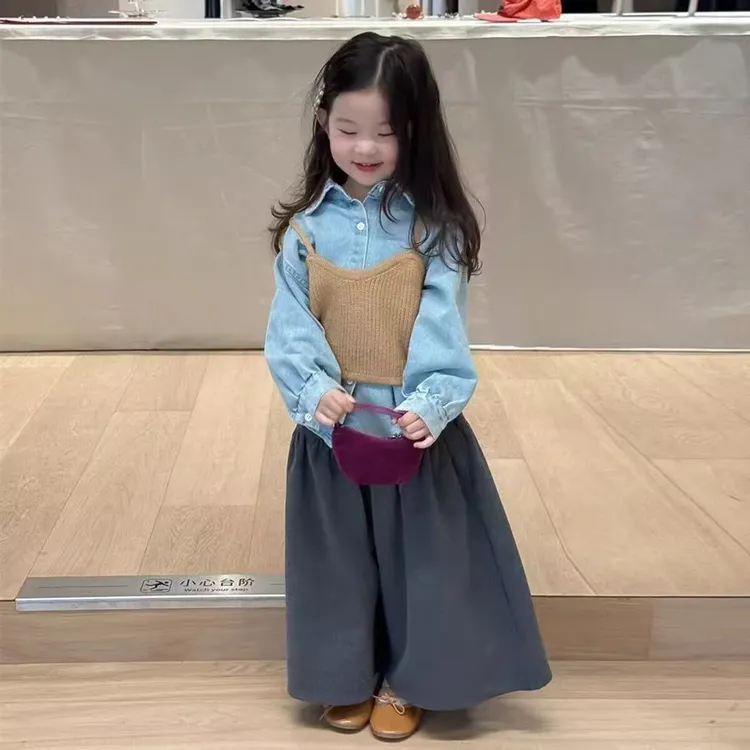 【亲子款】女童秋季新款套装洋气衬衫吊带百搭宽松阔腿裤三件套