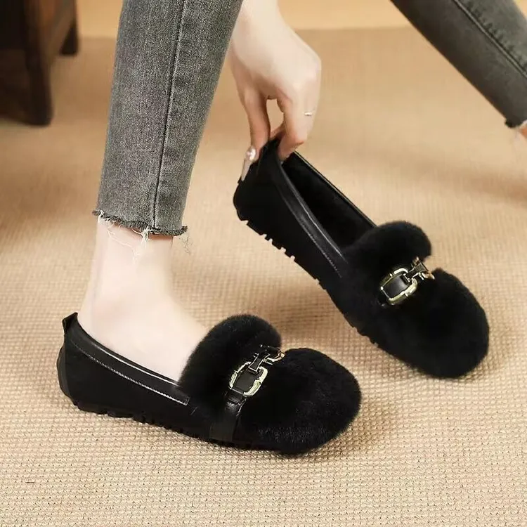 毛毛鞋冬小香风外穿加绒时尚一脚蹬兔毛豆豆鞋保暖棉鞋防滑舒适