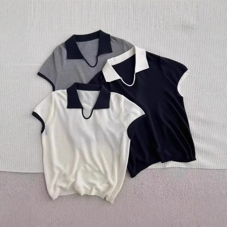 其它80%2025夏季新款撞色剪刀领POLO短袖韩版气质百搭休闲小衫