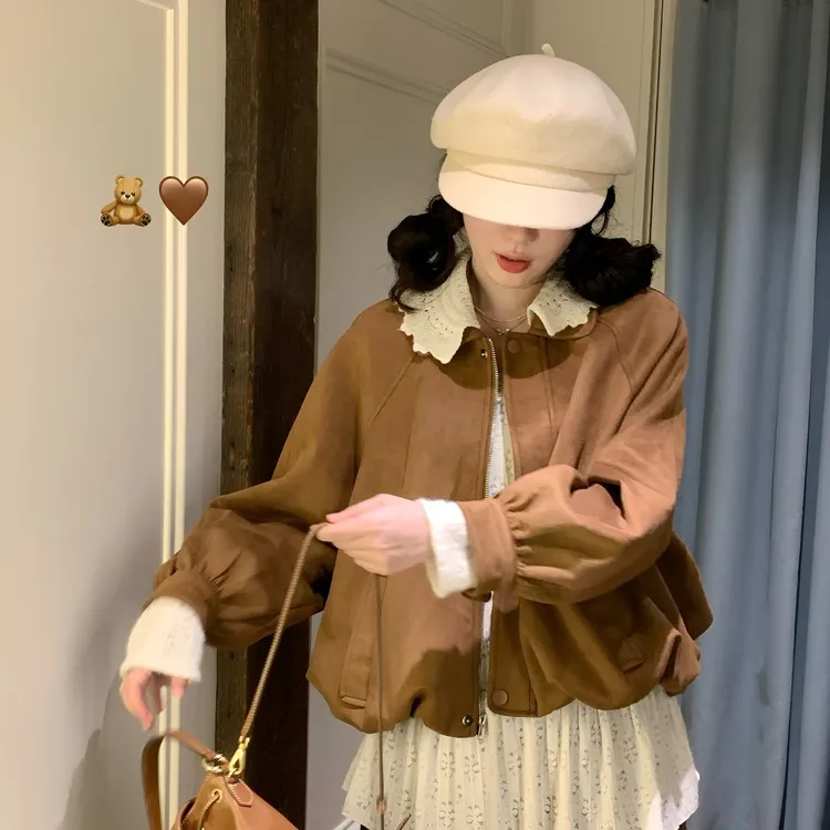 焦糖泡芙 花边领麂皮花苞外套7236今