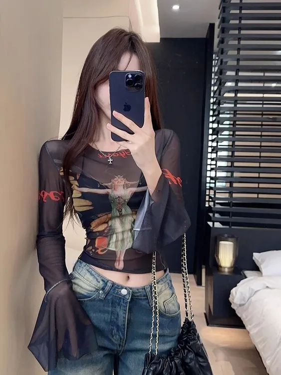 春夏装纯欲网纱防晒薄外套印花T恤罩衫女士短款夏季喇叭长袖上衣