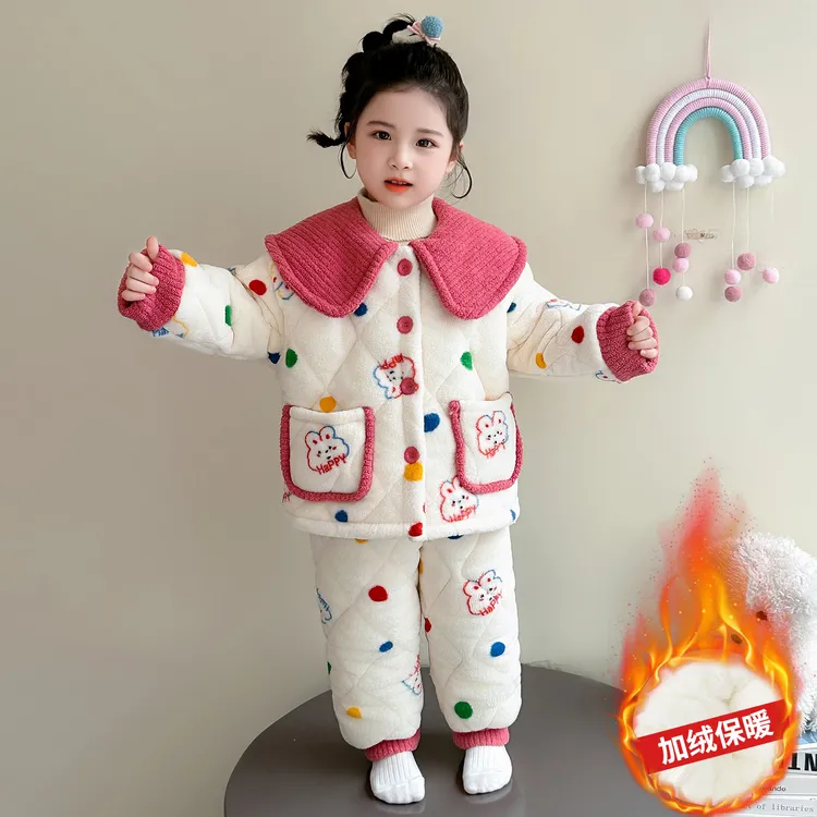 儿童睡衣女童冬季珊瑚绒三层加绒加厚小女孩宝宝法兰绒保暖家居服