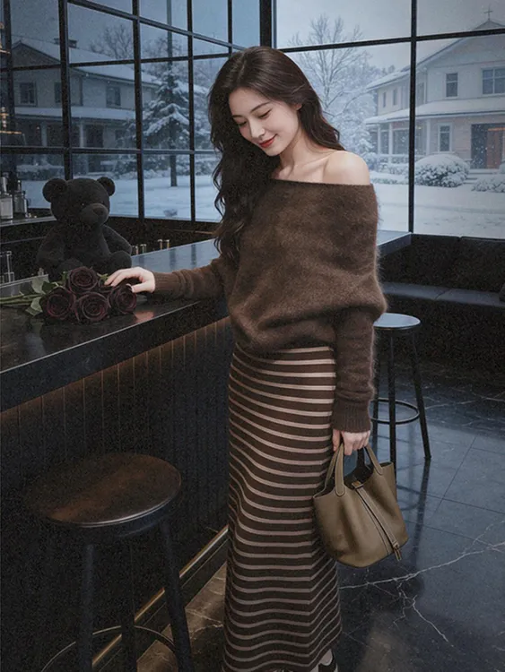 2026冬超火一整套轻奢高级感减龄时尚大方得体穿搭咖色毛衣半身裙