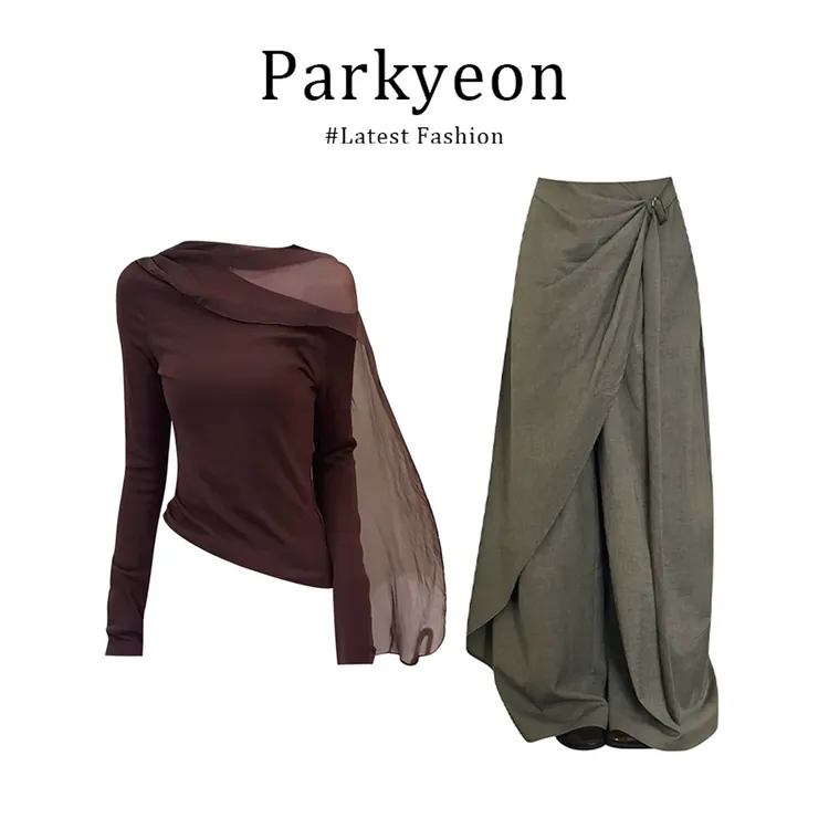 INS CEC秋季美拉德风斜肩网纱飘带针织衫慵懒风宽松阔腿裤套装女