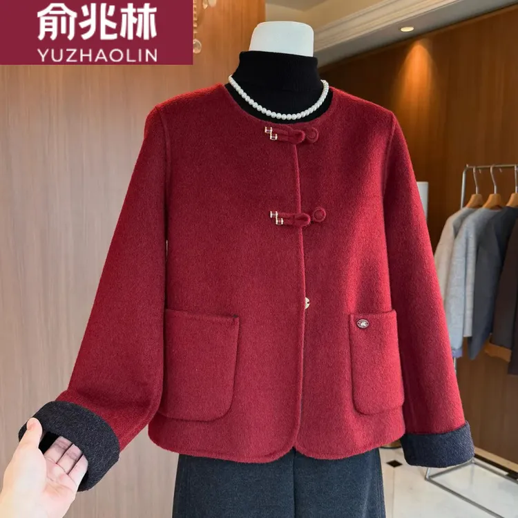 俞兆林妈妈小香风高级呢子外套短款女秋冬喜婆婆高贵婚宴红色礼服