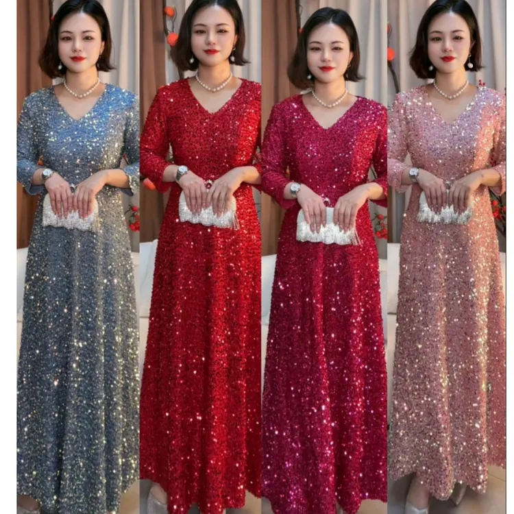 厚款新娘秋冬装七分袖A字裙主持礼服演出合唱团晚礼服遮肚子长裙