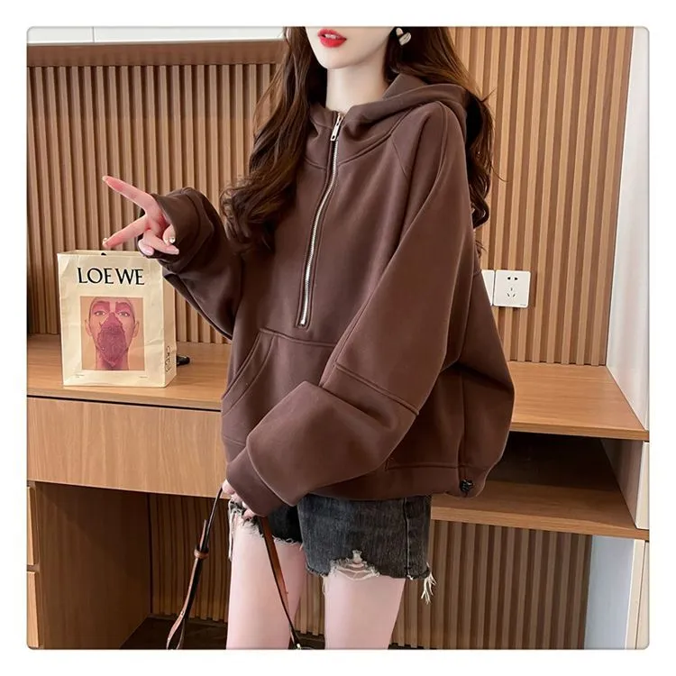 高级感超好看韩版连帽卫衣女2025秋季新款纯色宽松慵懒风上衣外套