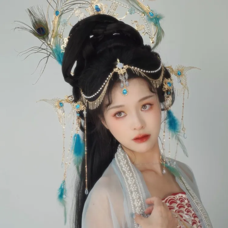 梦金陵汉服孔雀公主汉服孔雀仙子蓝色羽毛发饰异域古风流苏重工