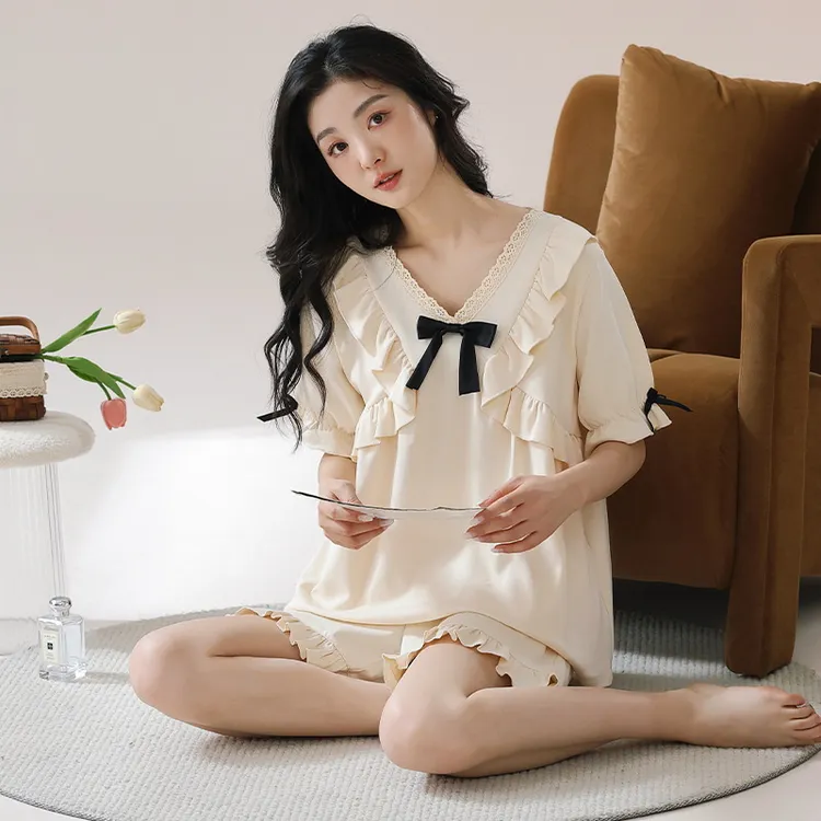 【新品】睡衣女夏季夏天短裤蕾丝宽松棉套装家居女士外穿公主风甜美