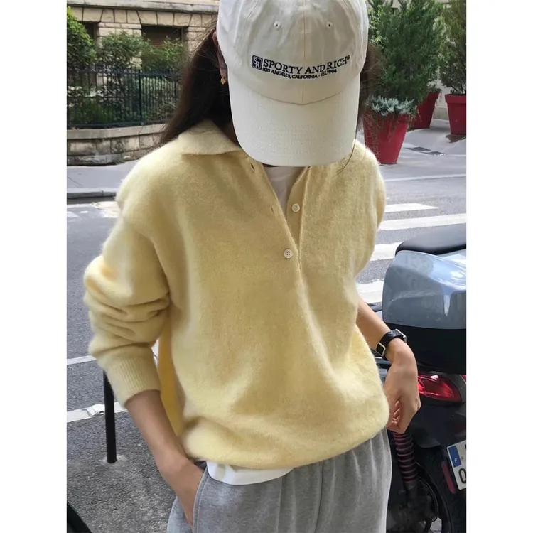 Miss sumeyY3935自制2025秋含羊毛糯慵懒纯色polo领套头针织毛衣