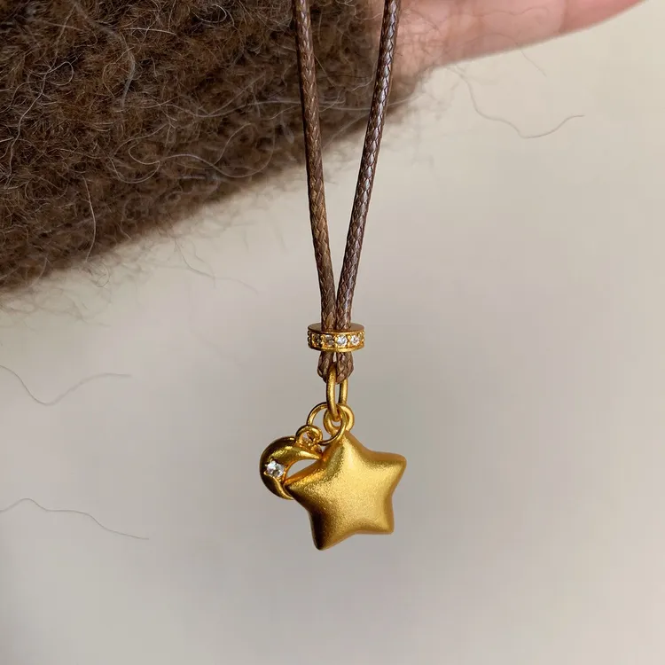 铜合金项链 星月 古法简约星星月亮项链新中式复古轻奢毛衣链