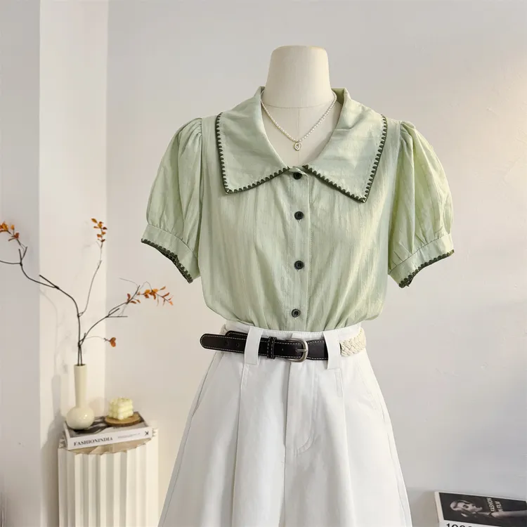 浅绿色娃娃领短袖衬衫女2025夏季韩版宽松减龄泡泡袖法式小衫上衣