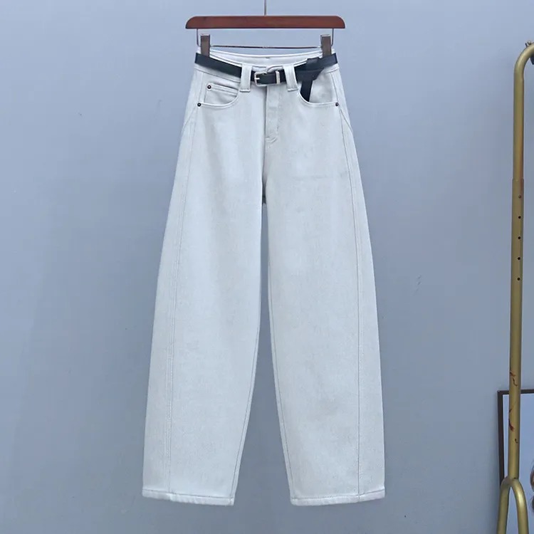 时尚冬季加绒高腰显瘦牛仔裤2025年新款宽松百搭弯刀裤厚款香蕉裤