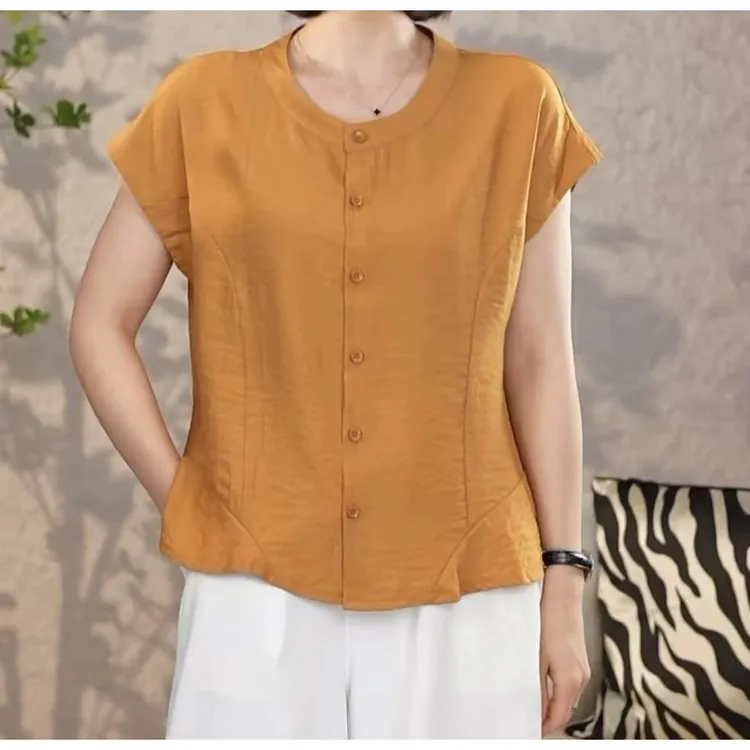 2025夏季新天丝麻圆领纯色拼接设计感薄款舒适短袖衬衣女上衣