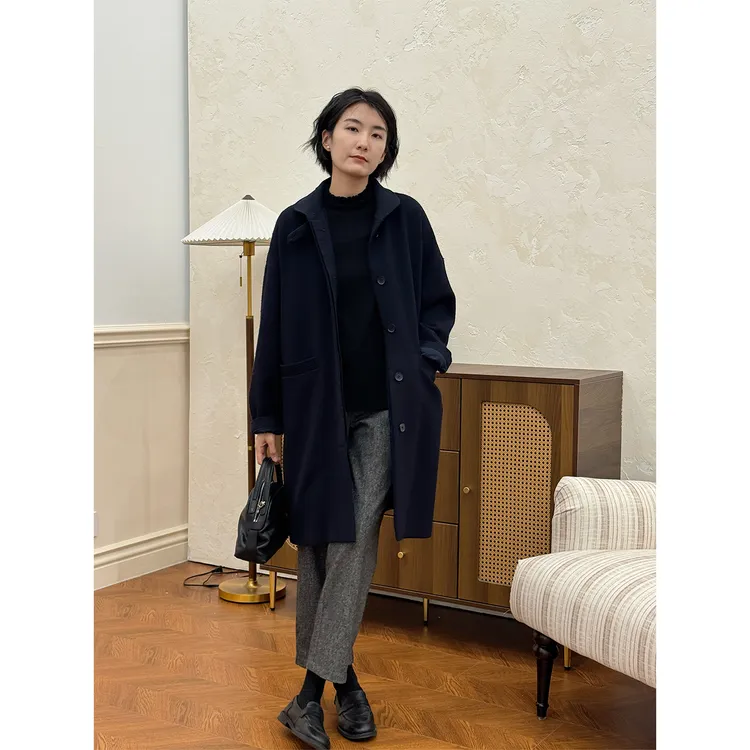 LANGQING 小个子中长款羊毛宽松复古立领毛呢经典风衣42568#