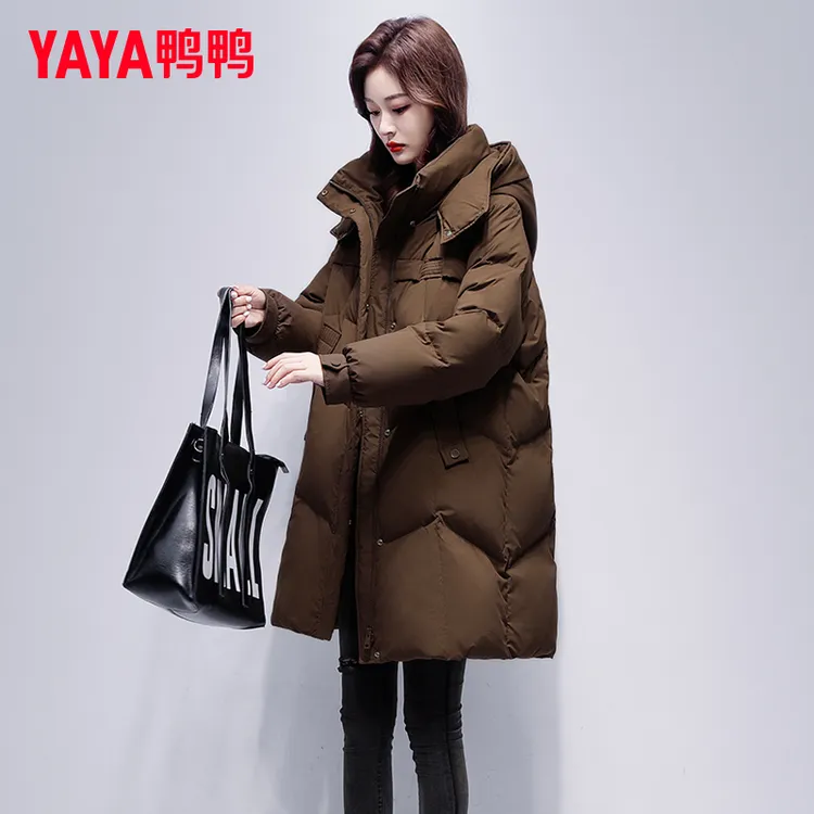 YAYA/鸭鸭中长款羽绒服女冬季新款时尚显瘦百搭减龄连帽保暖外套
