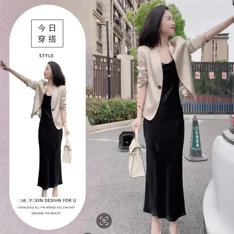 网红爆款时尚西服套装裙女2025春季新款轻熟风收腰吊带裙两件套