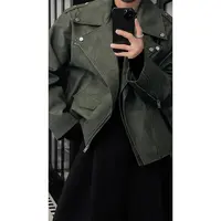龙叨叨秋季新款潮流美式复古设计感百搭双领皮衣机车夹克外套男