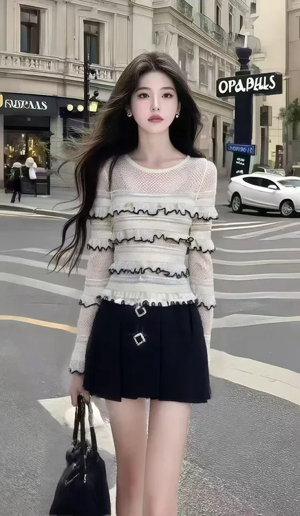 轻奢高端小众辣妹白色长袖圆领设计感上衣+黑色百搭半身裙两件套