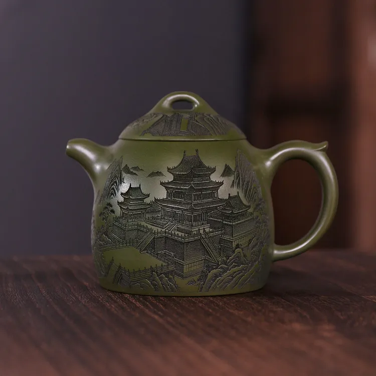 宜兴紫砂茶具 原矿绿泥泥料刻绘岳阳楼阁秦权紫砂茶壶家用茶具