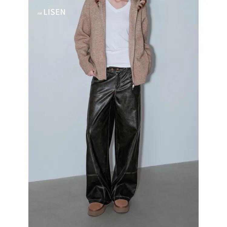 离森野性触感风潮复古色调宽松百搭低腰休闲直筒美式长裤皮裤