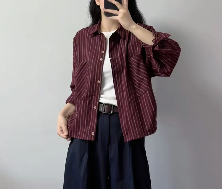 休闲条纹翻领短款小个子女长袖衬衣设计感百搭显瘦衬衫秋季上衣