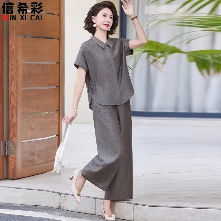 新款中年妈妈夏装套装中老年女装夏季短袖棉麻衬衫休闲上衣服