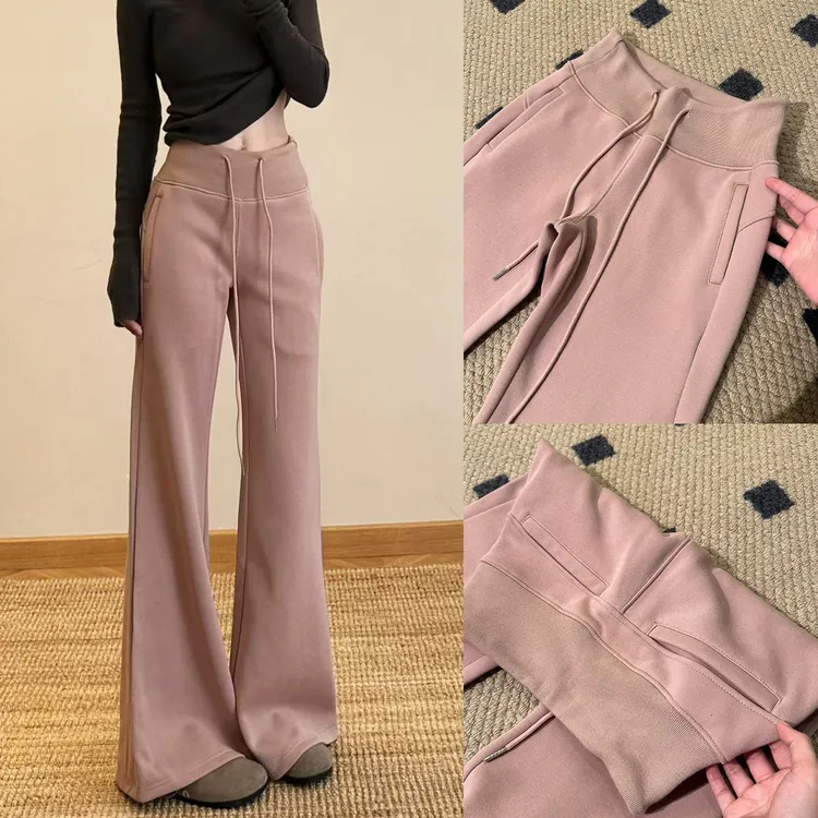 lulu喇叭运动裤女加绒加厚高腰休闲显瘦修身垂感小个子拼接微喇