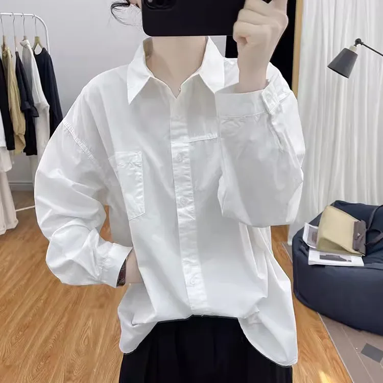 高级感白色翻领衬衫上衣女早秋2025新款韩版长袖休闲宽松纯棉衬衣