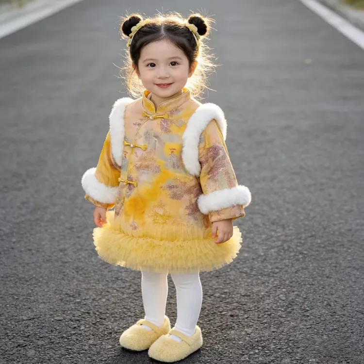 新款拜年服加绒加厚新中式中国风旗袍连衣裙冬款国风宝宝套装汉服