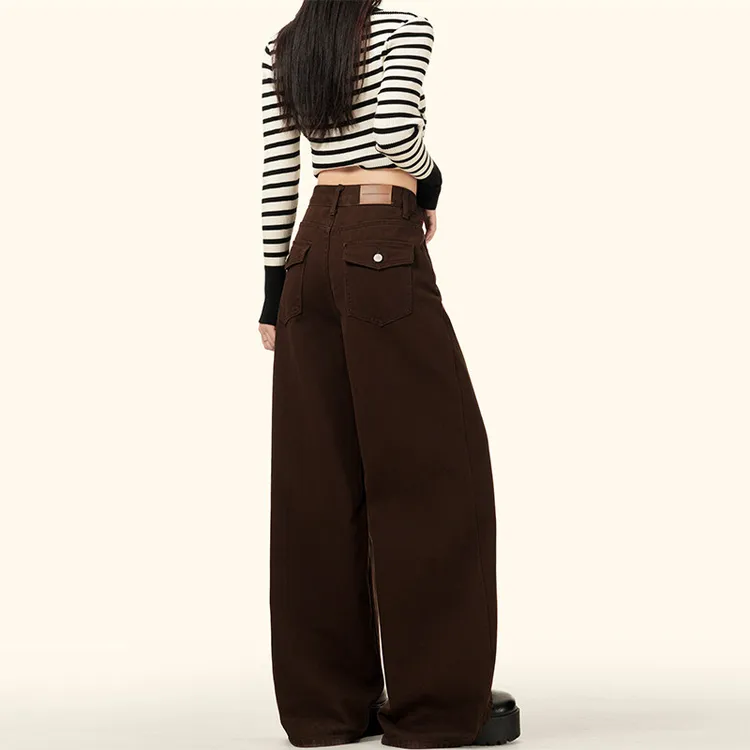 大码美拉德咖啡色阔腿秋冬2025新款高腰显瘦宽松拖地直筒牛仔裤女
