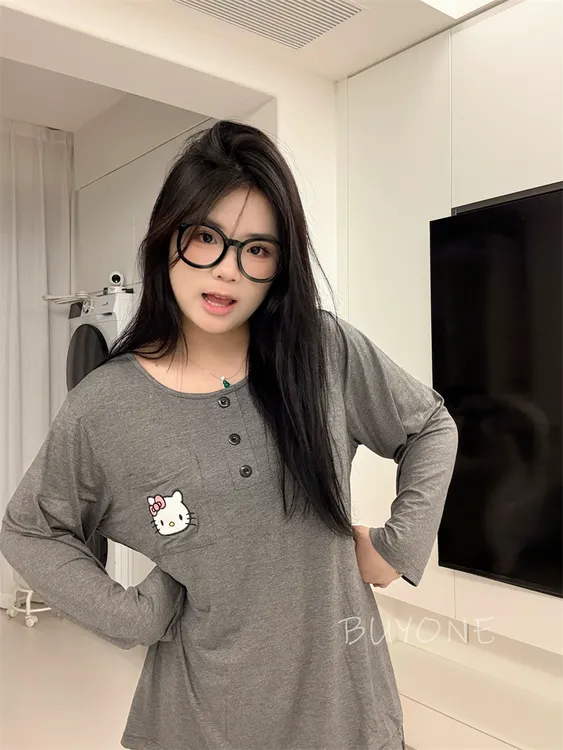 【莫代尔凯蒂】大码睡衣女胖MM200斤长袖长裤莫代尔灰色凯蒂猫ins