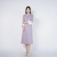 浒城古娘国风绵羊毛刺绣紫色立领长款锦婳羊毛连衣裙HASS010038
