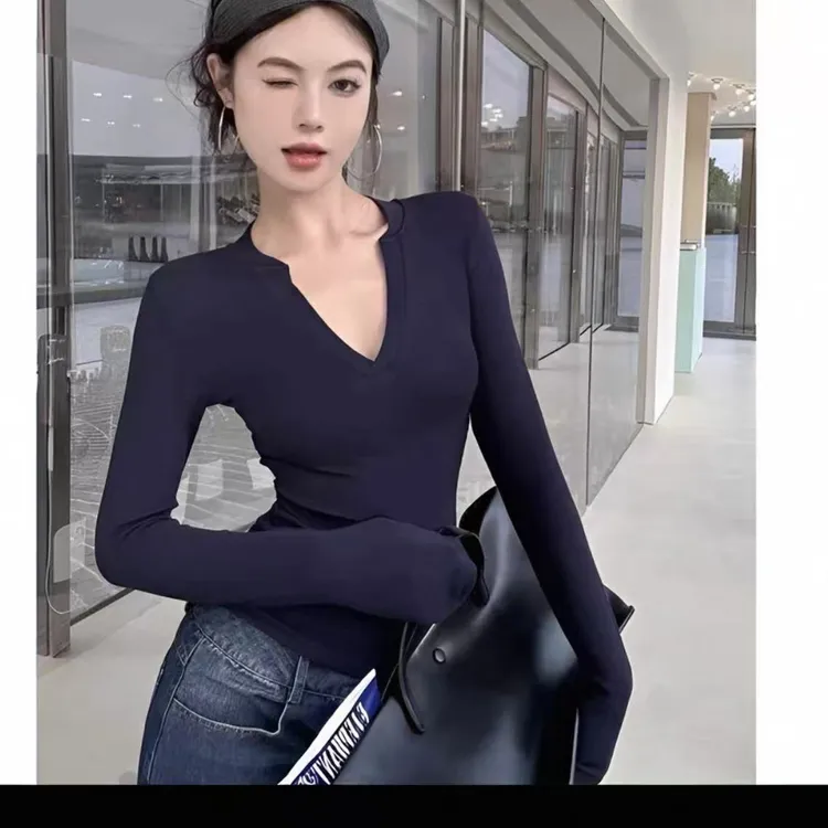 V领长袖正肩T恤秋冬气质修身打底衫百搭洋气女人衫